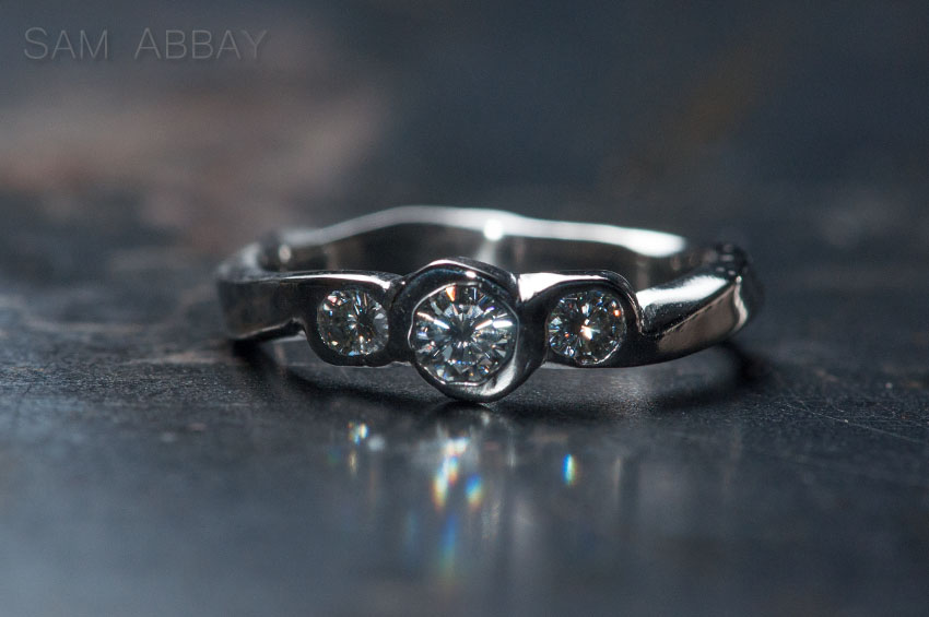 funky moissanite 3-stone engagement ring